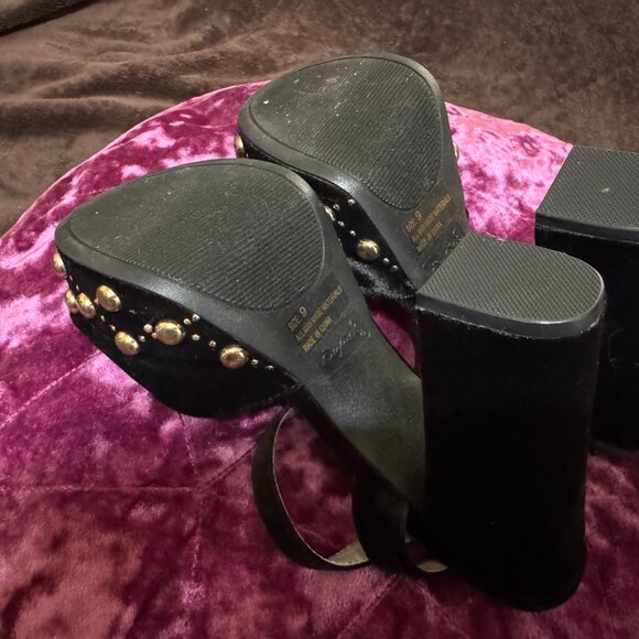 Black and Gold Stud Peep Toe Platform Sandal Heels w/velvet Fabric & Ankle Strap - Picture 2 of 2